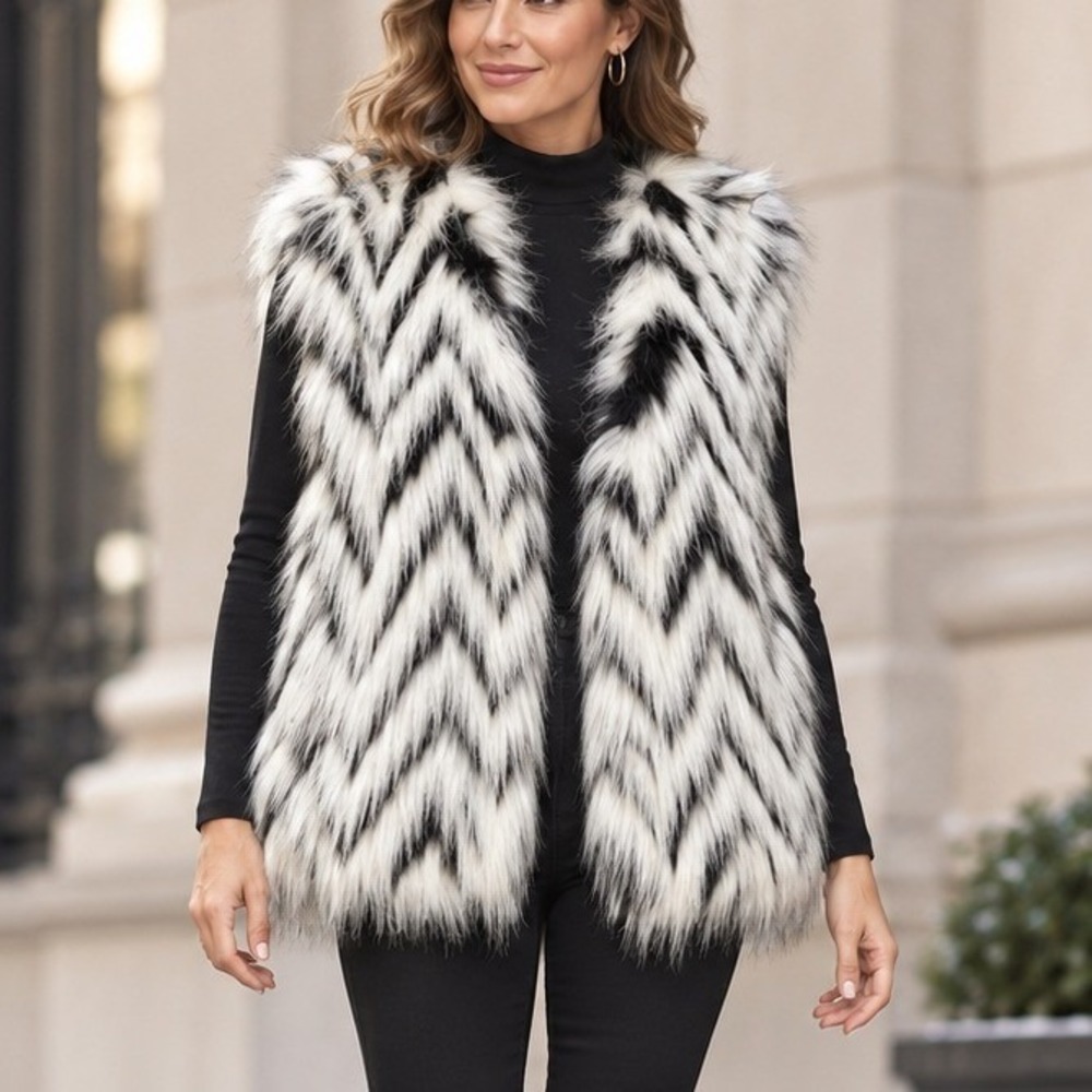 Michael Kors Womens Black White Chevron Faux Fur Vest Size Medium Zig Zag Shaggy